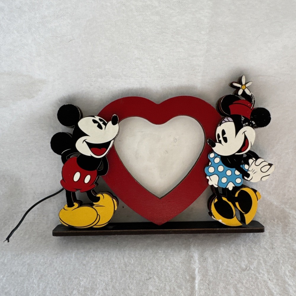 Vintage Wooden Mickey Mouse And Minnie Mouse Picture Frame Heart For 2 1/2" Pix